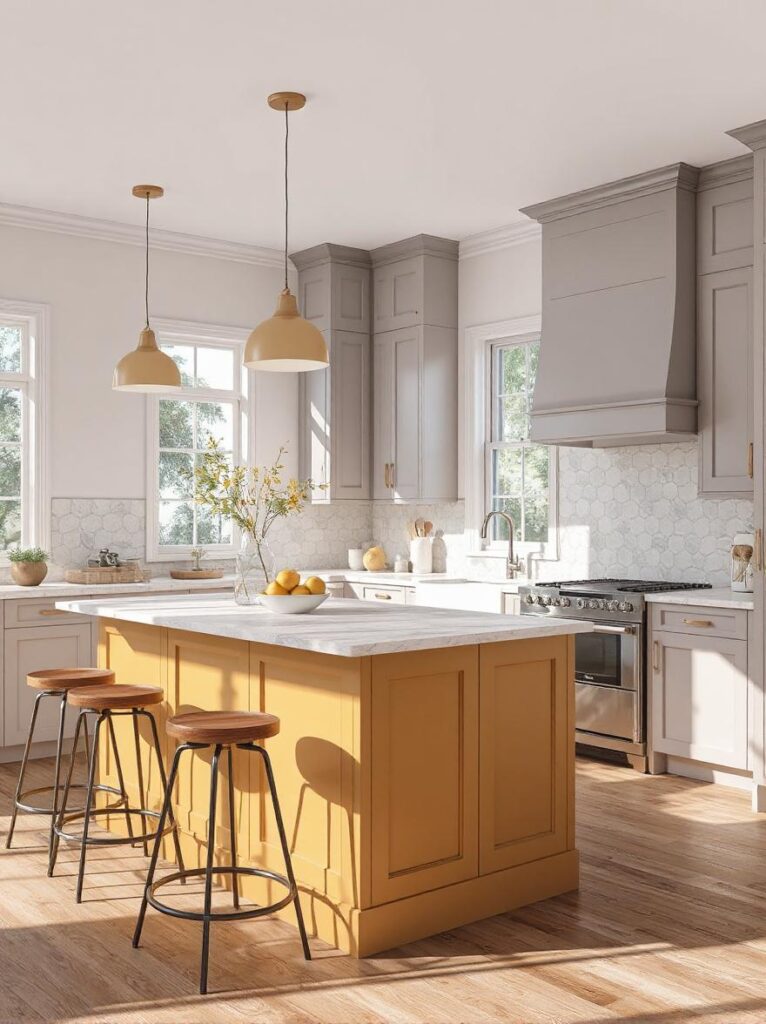 A stylish and welcoming kitchen featuring a golden ochre island as the central focal point. The island has a rich yet muted yellow tone, adding warmth and cheer without overpowering the space. Surrounding cabinetry is light gray, creating a clean contrast with the colorful island. The island includes elegant paneling, wooden bar stools, and a white or light marble countertop. Overhead, pendant lighting adds a modern touch. Include natural lighting from nearby windows and subtle decor like a bowl of lemons or a vase with fresh greenery. The overall vibe is bright, modern, and inviting. Interior photography, soft natural light, 4K resolution, modern farmhouse or transitional style.