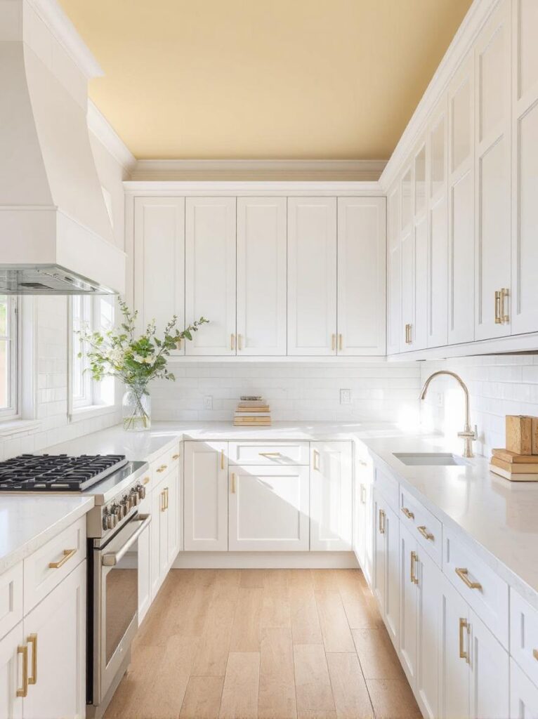 An elegant all-white kitchen with a soft butter yellow ceiling that adds an unexpected yet charming focal point. The ceiling’s gentle yellow hue brings warmth and personality to the clean, minimalist space. The kitchen features white cabinets, white quartz countertops, and a white tile backsplash, creating a bright and cohesive base. Include subtle gold hardware and minimalist decor such as a vase of fresh flowers and stacked cookbooks. Soft natural light enhances the contrast between the white surfaces and the warm ceiling. Interior photography, high-resolution, 4K, modern yet cozy aesthetic