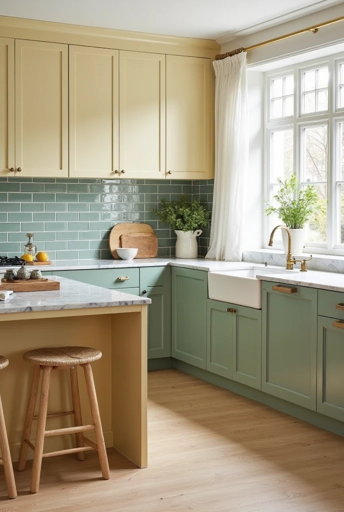 A serene kitchen with lower cabinets painted in muted sage green and upper cabinets in soft buttery yellow, all with brushed brass hardware. The backsplash features handcrafted sage green subway tiles with a subtle gloss finish. White marble countertops with delicate gray veining create a clean contrast. A central kitchen island in pale yellow has two natural wood stools with woven seats. The flooring is light oak, and a large window framed in white with light curtains allows natural light to flood the space. Interior photography, high-resolution, 4K, calm nature-inspired kitchen with a fresh, timeless palette.