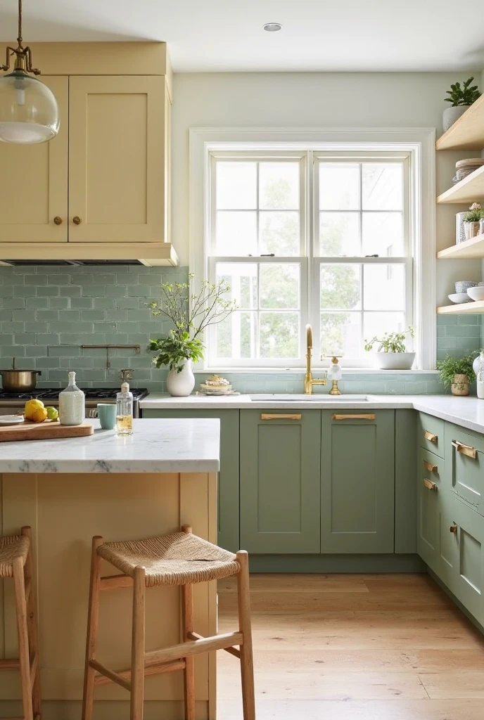 A serene kitchen with lower cabinets painted in muted sage green and upper cabinets in soft buttery yellow, all with brushed brass hardware. The backsplash features handcrafted sage green subway tiles with a subtle gloss finish. White marble countertops with delicate gray veining create a clean contrast. A central kitchen island in pale yellow has two natural wood stools with woven seats. The flooring is light oak, and a large window framed in white with light curtains allows natural light to flood the space. Interior photography, high-resolution, 4K, calm nature-inspired kitchen with a fresh, timeless palette.