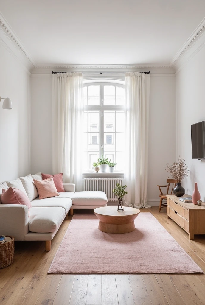 Minimalist Scandinavian living room with white walls, light oak wood furniture, and clean lines. A pale blush pink area rug anchors the space, complemented by subtle blush accents in throw pillows. The room features a white linen sofa, a simple oak coffee table, and soft natural light from large unadorned windows, creating a calm and stylish atmosphere.