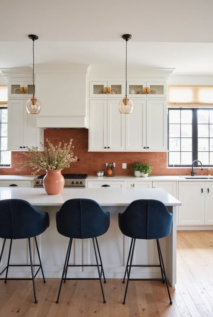 Modern farmhouse kitchen featuring a rust-colored tile backsplash behind a white shaker-style cabinetry, sleek countertops, three midnight blue bar stools with metal legs aligned at a kitchen island, a peach ceramic vase filled with desert florals as centerpiece on the island, matte black faucet and hardware, warm natural light streaming through large windows, light wood plank flooring completing the bright and cozy space.