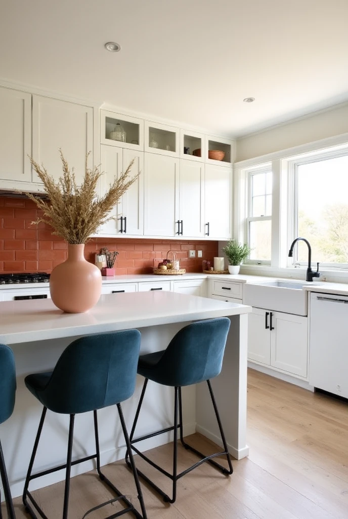 Modern farmhouse kitchen featuring a rust-colored tile backsplash behind a white shaker-style cabinetry, sleek countertops, three midnight blue bar stools with metal legs aligned at a kitchen island, a peach ceramic vase filled with desert florals as centerpiece on the island, matte black faucet and hardware, warm natural light streaming through large windows, light wood plank flooring completing the bright and cozy space.