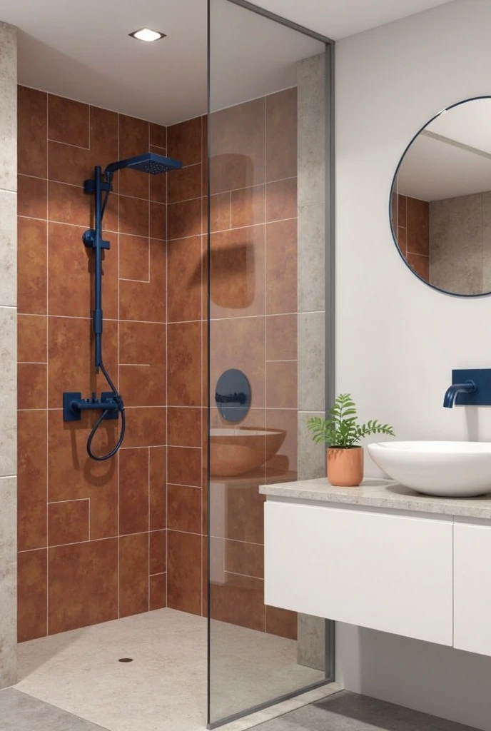 Modern bathroom featuring rust-hued Zellige tiles covering the shower walls, matte navy fixtures including a sleek faucet and showerhead, white freestanding sink with clean lines, peach ceramic plant pot holding a small green succulent on the countertop, light neutral walls and floor tiles balancing the rich colors, soft natural light illuminating the space, minimalist round mirror above the sink.