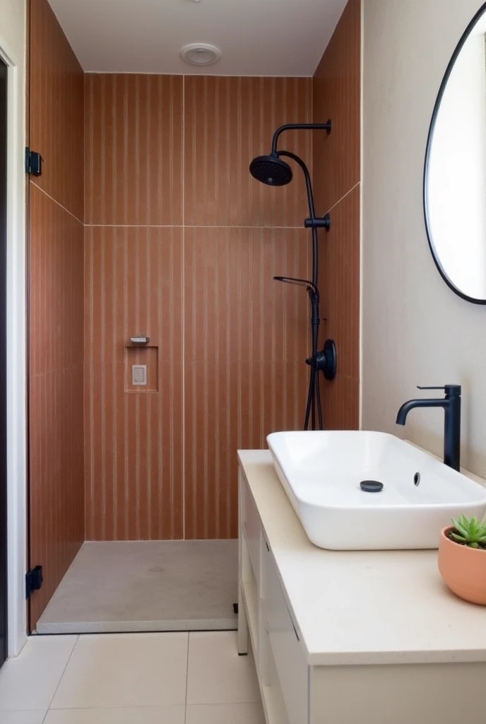 Modern bathroom featuring rust-hued Zellige tiles covering the shower walls, matte navy fixtures including a sleek faucet and showerhead, white freestanding sink with clean lines, peach ceramic plant pot holding a small green succulent on the countertop, light neutral walls and floor tiles balancing the rich colors, soft natural light illuminating the space, minimalist round mirror above the sink.