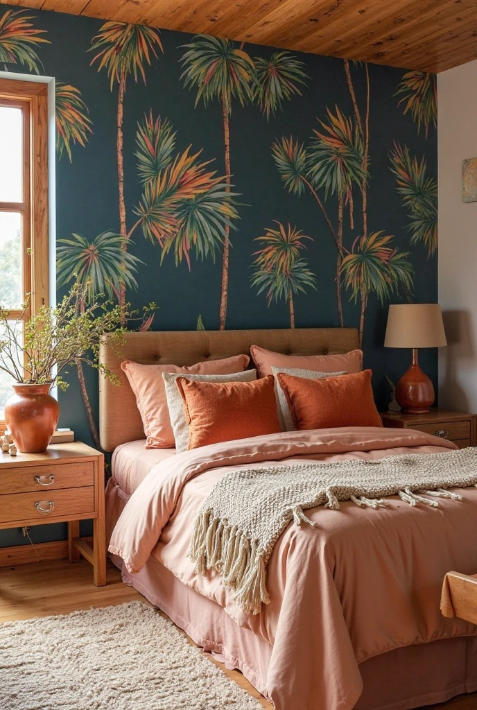 Tropical desert fusion bedroom featuring navy palm-print wallpaper covering one accent wall, bed dressed in soft peach linens with rust-colored throw pillows and a woven blanket, natural wood nightstands with rust ceramic lamps, light hardwood floors with a textured beige rug, warm natural light creating a vibrant yet cozy atmosphere blending tropical and desert elements.
