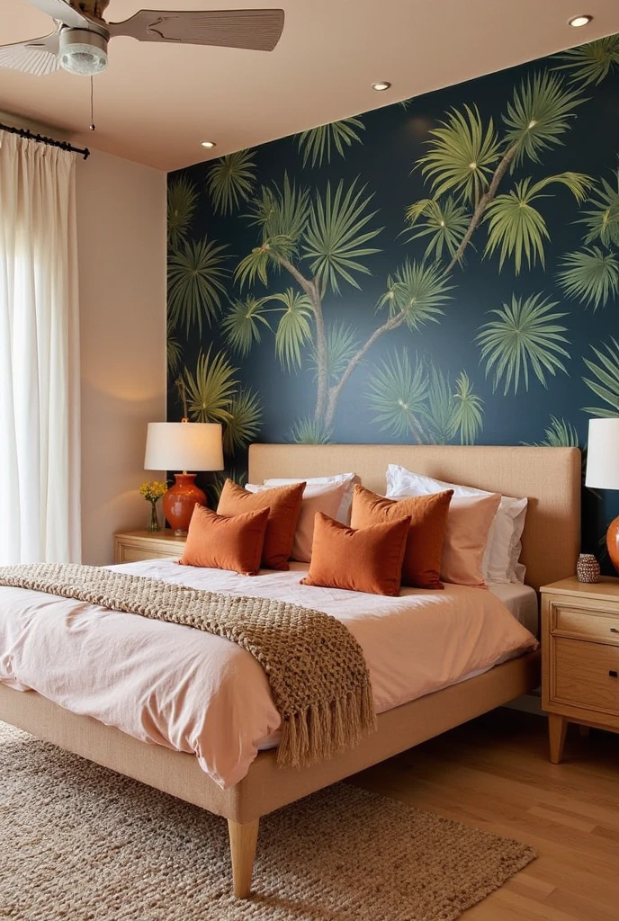 Tropical desert fusion bedroom featuring navy palm-print wallpaper covering one accent wall, bed dressed in soft peach linens with rust-colored throw pillows and a woven blanket, natural wood nightstands with rust ceramic lamps, light hardwood floors with a textured beige rug, warm natural light creating a vibrant yet cozy atmosphere blending tropical and desert elements.
