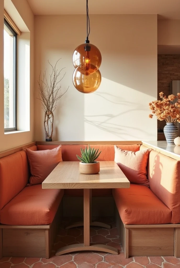 Desert sunset-inspired kitchen nook featuring rust-colored banquette seating with plush peach upholstery cushions, sleek wooden table with clean lines, modern pendant lights with warm amber glass shades hanging above, light beige walls reflecting soft natural light, terracotta floor tiles, small potted desert succulents as centerpiece, cozy and inviting atmosphere blending warm rust and peach tones.