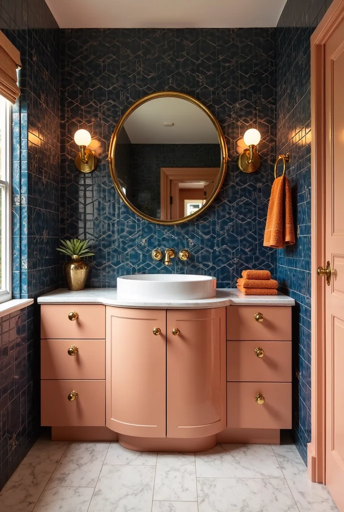 Art Deco bathroom featuring midnight blue tiles with geometric patterns and polished brass accents, peach-hued vanity with curved edges and gold hardware, round brass-framed mirror mounted above the vanity, rust-colored towels neatly folded on a brass towel rack, soft ambient lighting from vintage globe sconces, light marble floor tiles enhancing the refined desert sunset palette, elegant and luxurious atmosphere.
