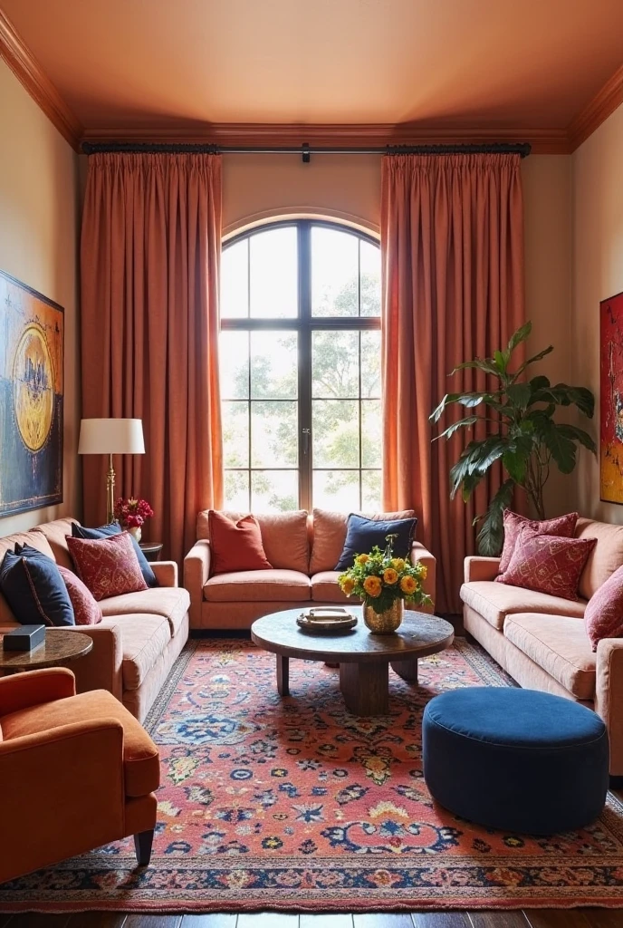 Maximalist living room filled with layered sunset tones, featuring a mix of peach, rust, and navy textiles on plush sofas and patterned throw pillows, patterned rug in varying desert hues covering dark wood flooring, eclectic furniture including a rust velvet armchair, navy ottoman, and peach accent couch, walls adorned with bold art in coordinating tones, floor-to-ceiling curtains in layered fabrics, richly textured and visually vibrant atmosphere inspired by desert sunsets.