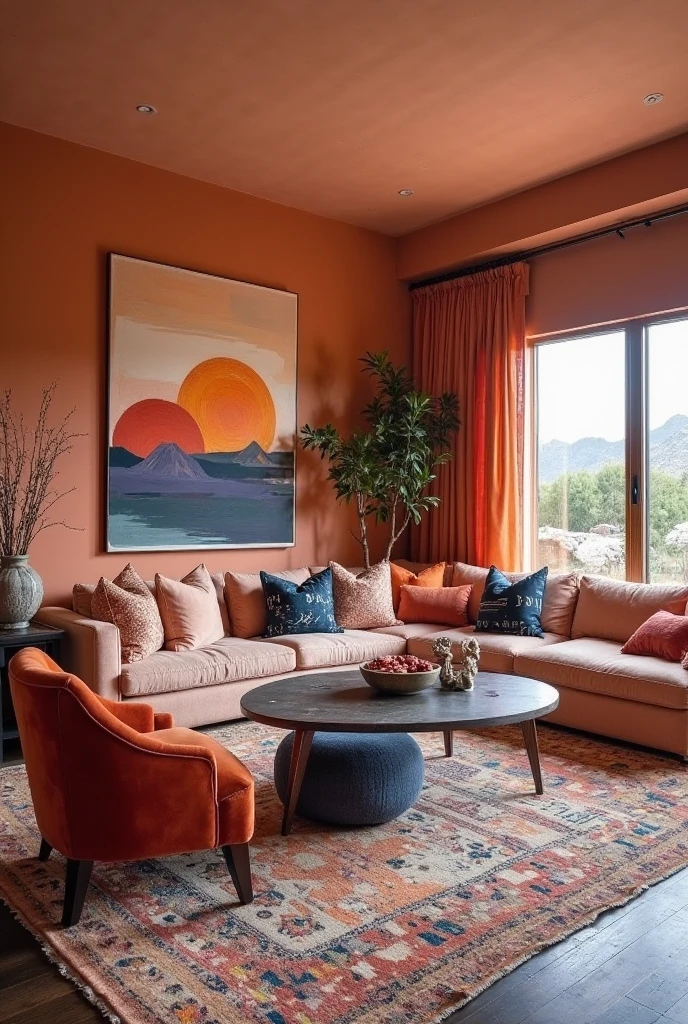 Maximalist living room filled with layered sunset tones, featuring a mix of peach, rust, and navy textiles on plush sofas and patterned throw pillows, patterned rug in varying desert hues covering dark wood flooring, eclectic furniture including a rust velvet armchair, navy ottoman, and peach accent couch, walls adorned with bold art in coordinating tones, floor-to-ceiling curtains in layered fabrics, richly textured and visually vibrant atmosphere inspired by desert sunsets.