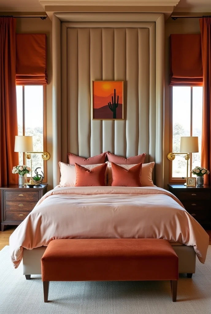 Boutique hotel-style bedroom featuring a tall upholstered headboard in soft beige with clean vertical tufting, bed dressed in peach satin sheets and layered pillows in rust and blush tones, rust velvet floor-length curtains framing large windows, matching rust velvet bench at the foot of the bed, brass bedside sconces casting a soft golden glow, warm-toned desert art above the headboard, light oak flooring with a textured cream rug, rich sunset-inspired atmosphere with luxurious finishes.