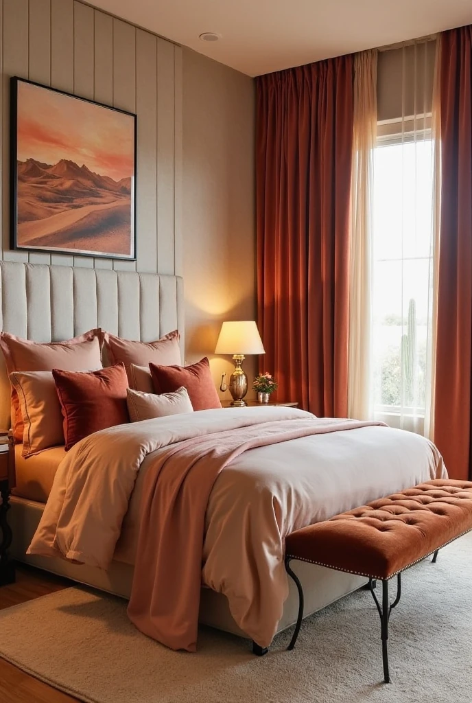 Boutique hotel-style bedroom featuring a tall upholstered headboard in soft beige with clean vertical tufting, bed dressed in peach satin sheets and layered pillows in rust and blush tones, rust velvet floor-length curtains framing large windows, matching rust velvet bench at the foot of the bed, brass bedside sconces casting a soft golden glow, warm-toned desert art above the headboard, light oak flooring with a textured cream rug, rich sunset-inspired atmosphere with luxurious finishes.