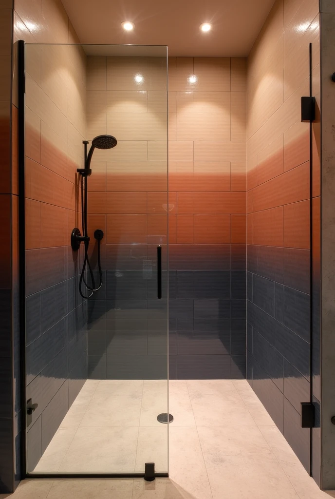 Boutique hotel-style bedroom featuring a tall upholstered headboard in soft beige with clean vertical tufting, bed dressed in peach satin sheets and layered pillows in rust and blush tones, rust velvet floor-length curtains framing large windows, matching rust velvet bench at the foot of the bed, brass bedside sconces casting a soft golden glow, warm-toned desert art above the headboard, light oak flooring with a textured cream rug, rich sunset-inspired atmosphere with luxurious finishes.