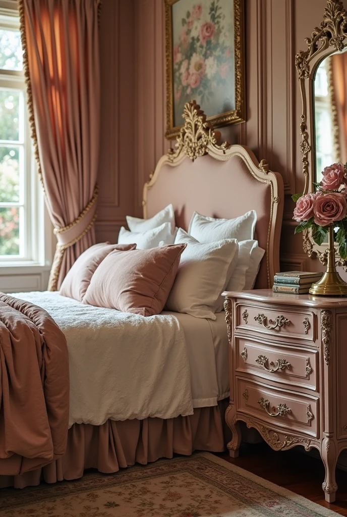 Elegant bedroom featuring antique wooden furniture painted in mauve tones, intricate carved details on dresser and bedside tables, vintage brass hardware, warm natural light enhancing worn textures, cozy regal atmosphere with classic charm.