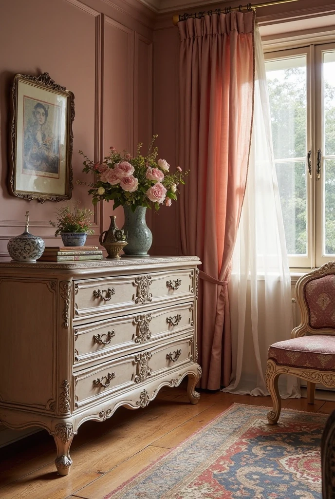 Elegant bedroom featuring antique wooden furniture painted in mauve tones, intricate carved details on dresser and bedside tables, vintage brass hardware, warm natural light enhancing worn textures, cozy regal atmosphere with classic charm.