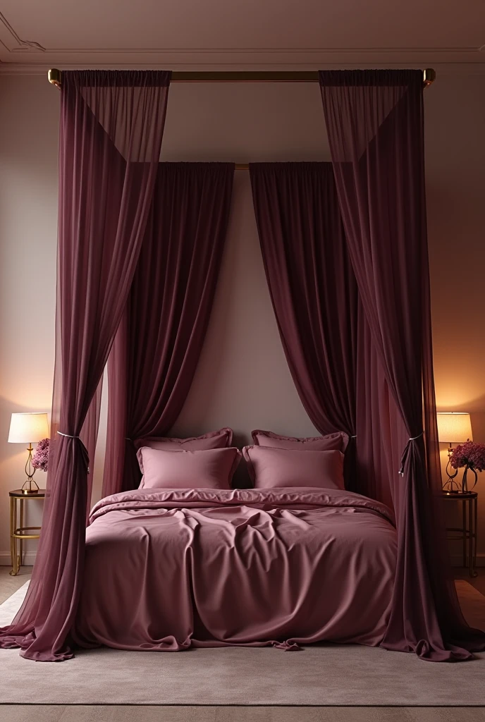 Elegant bedroom featuring a dark moody mauve canopy drape gently flowing over a four-poster bed frame, satin mauve bedding beneath, warm ambient lighting creating a cozy and romantic atmosphere, cream walls and gold accents complementing the ethereal design.
