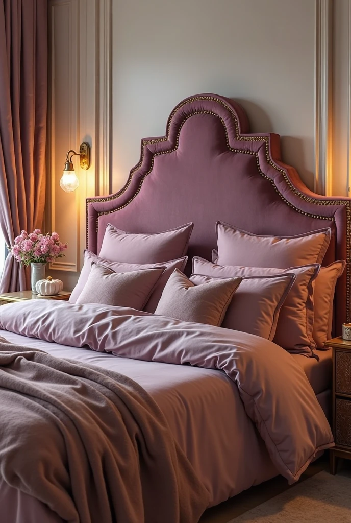 Elegant bedroom with a plush mauve velvet headboard featuring gold nailhead trim, soft sheen highlighting velvet texture, bed dressed in layered mauve bedding, warm ambient lighting emphasizing regal detailing, cream walls and minimal golden accents creating a sophisticated atmosphere.