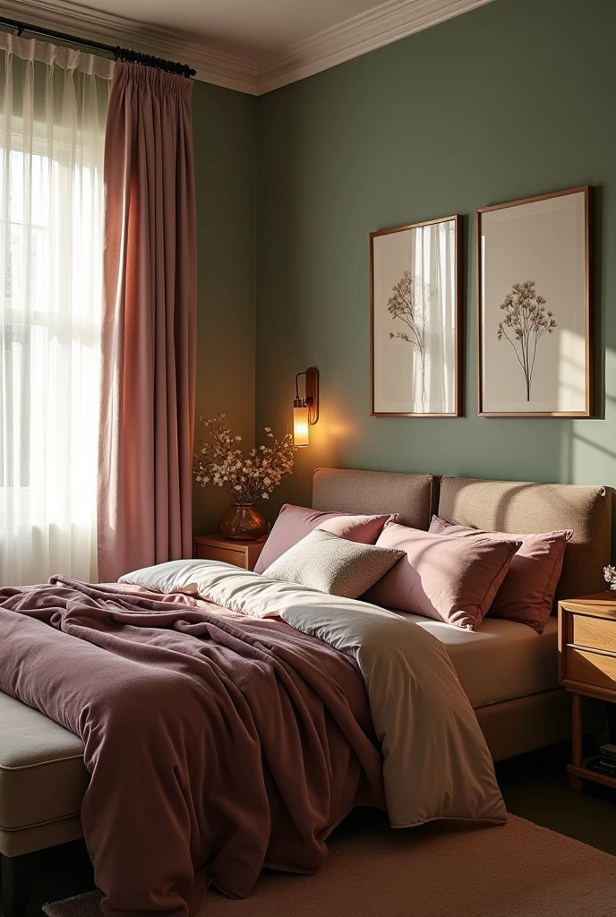 Elegant bedroom with sage green painted walls and moody mauve velvet textiles, including bedding and curtains, soft natural light filtering through sheer drapes, framed artwork above bed, warm ambient lighting enhancing the serene and romantic atmosphere, decor emphasizing nature-inspired palette.