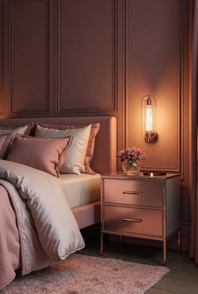 Elegant bedroom with moody mauve walls and bedding, rose gold hardware on bedside tables and dresser drawers, rose gold light fixtures mounted above bedside tables, soft warm lighting reflecting metallic surfaces, refined romantic atmosphere with cohesive color accents.
