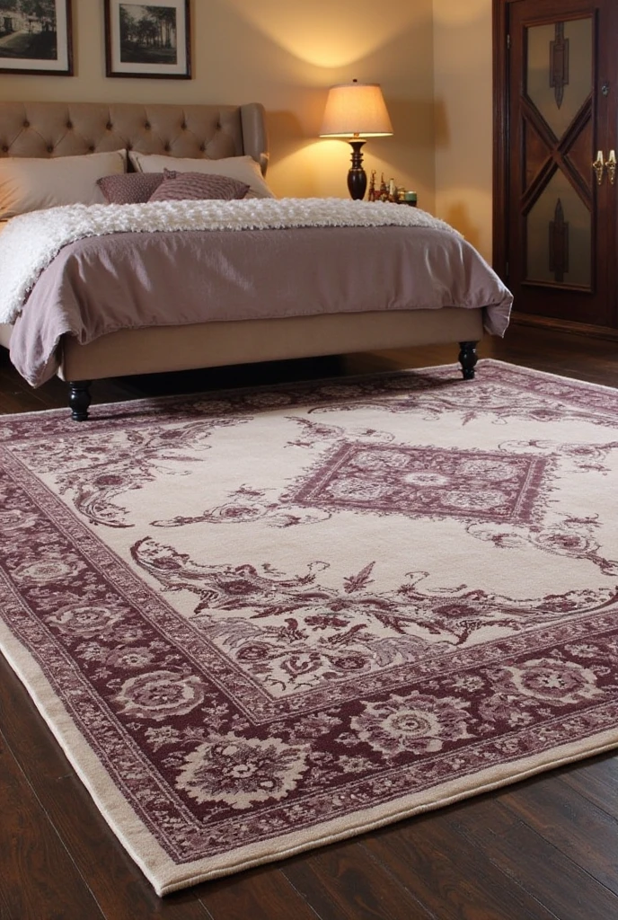 Elegant bedroom featuring a large Persian-style area rug with intricate mauve patterns, rich textured fibers adding depth underfoot, dark hardwood floors beneath, mauve bedding and cream walls complementing rug colors, soft warm lighting creating a cozy sophisticated atmosphere.