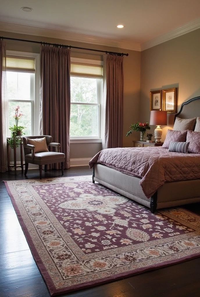 Elegant bedroom featuring a large Persian-style area rug with intricate mauve patterns, rich textured fibers adding depth underfoot, dark hardwood floors beneath, mauve bedding and cream walls complementing rug colors, soft warm lighting creating a cozy sophisticated atmosphere.