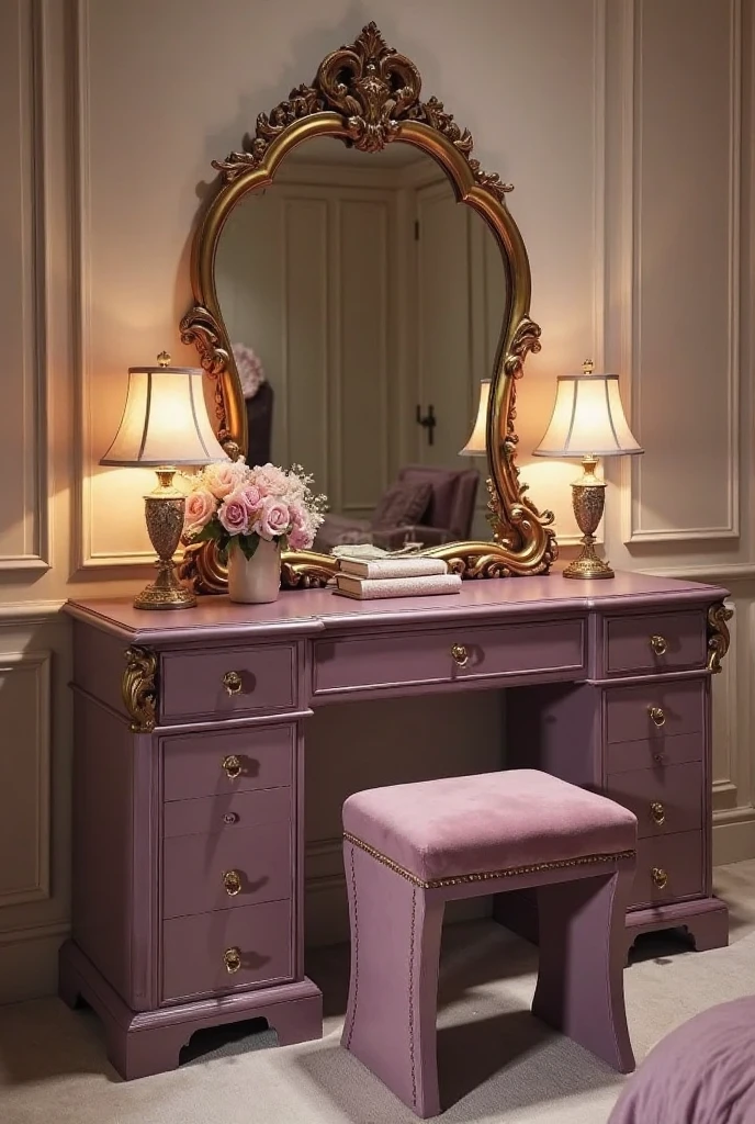Elegant bedroom featuring a moody mauve vanity table with smooth matte finish, paired with a large ornate gold-framed mirror mounted above, soft warm lighting illuminating the vanity surface, cream walls and mauve accents creating a romantic regal ambiance, plush velvet stool tucked beneath.