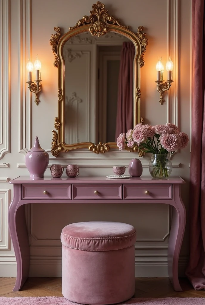 Elegant bedroom featuring a moody mauve vanity table with smooth matte finish, paired with a large ornate gold-framed mirror mounted above, soft warm lighting illuminating the vanity surface, cream walls and mauve accents creating a romantic regal ambiance, plush velvet stool tucked beneath.