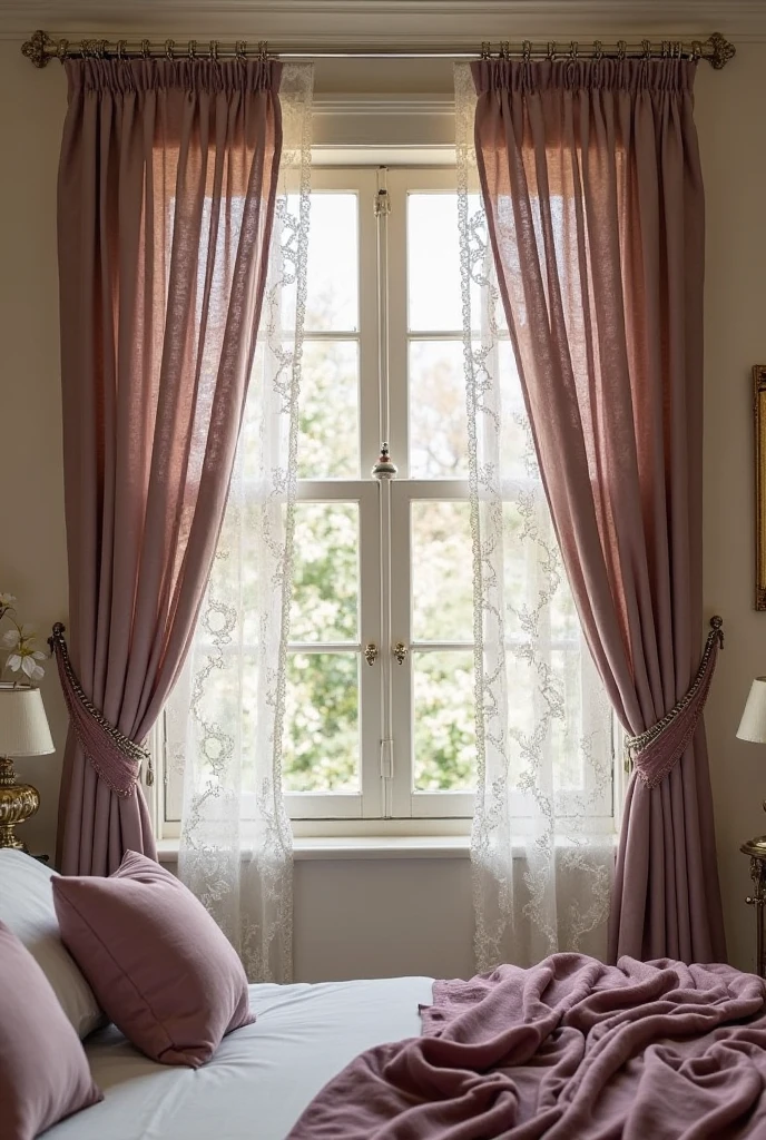 Elegant bedroom with windows dressed in delicate moody mauve lace curtains, soft light filtering through intricate floral patterns, cream walls and mauve velvet bedding complementing vintage romantic atmosphere,  curtain rods and decor enhancing subtle elegance.