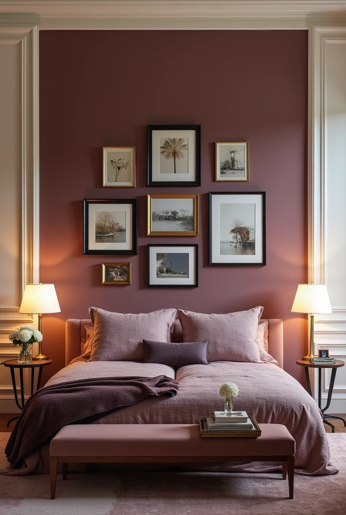 Elegant bedroom with moody mauve accent wall featuring a curated gallery of framed artwork and photographs in gold and black frames, soft ambient lighting highlighting wall textures, cream walls surrounding accent wall, plush mauve bedding and decor creating sophisticated and personalized atmosphere.