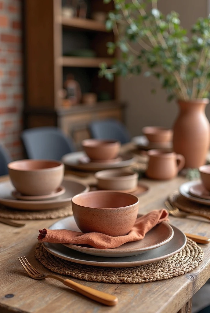 Rustic dining room with a reclaimed wood table set with clay-glazed dishware featuring matte, earthy textures, cantaloupe-colored linen napkins neatly folded beside handcrafted wooden cutlery, exposed brick walls, and natural woven placemats, creating an artisanal, cozy, and grounded atmosphere.