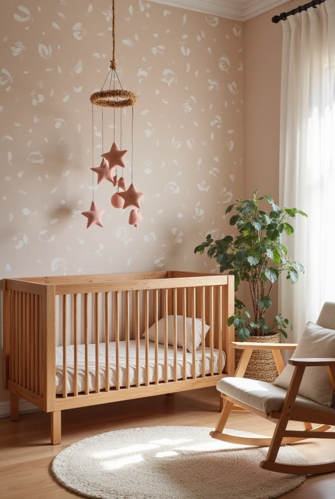 Nursery with soft clay-patterned wallpaper covering all walls, wooden crib with a delicate cantaloupe-colored hanging mobile made of fabric shapes, light neutral rug on a warm wooden floor, natural decor including a rocking chair with linen cushions, bathed in gentle natural light, creating a calm, grounded, and nurturing environment.