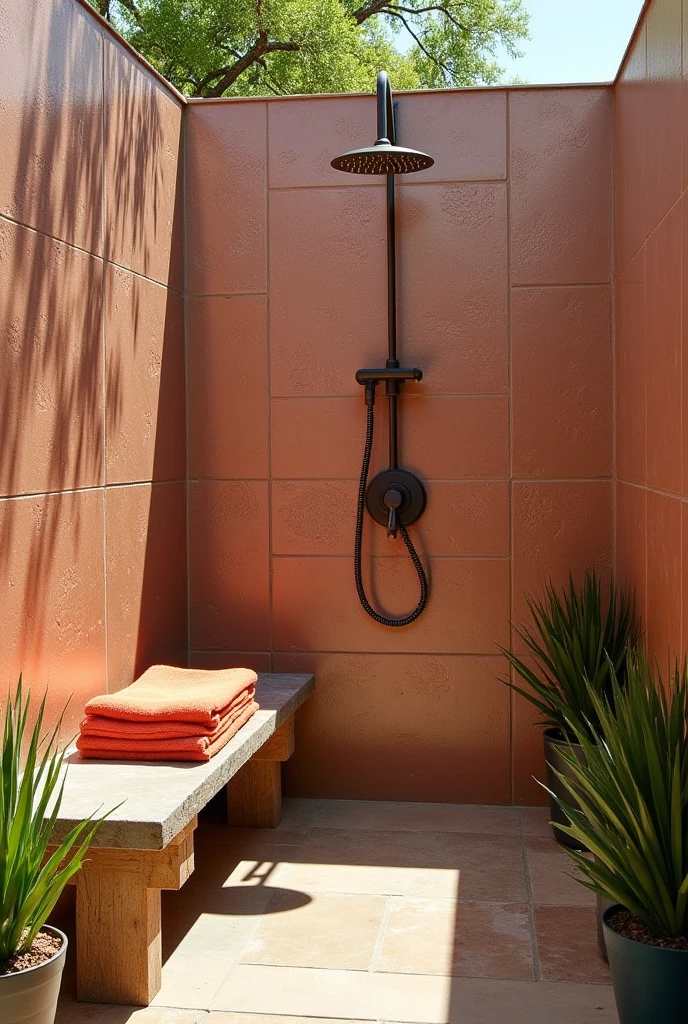 Outdoor shower surrounded by clay-toned mosaic tile walls with subtle texture and variation, sleek rainfall showerhead mounted on a stone surface, cantaloupe-colored towels neatly folded on a rustic wooden bench, natural stone flooring, potted greenery along the edges, and warm sunlight casting soft shadows to create a serene, spa-like retreat with organic color contrast.