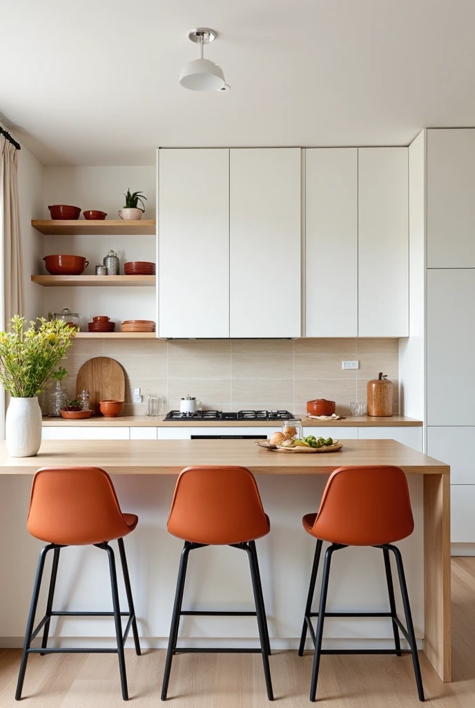 Modern kitchen with clean white cabinetry and light wood countertops, accented by cantaloupe-colored details such as ceramic dishes and small appliances, clay-toned bar stools with curved backs and metal frames lined up at a central island, soft ambient lighting from pendant lamps, and a neutral tiled backsplash creating a warm, functional, and elevated design.