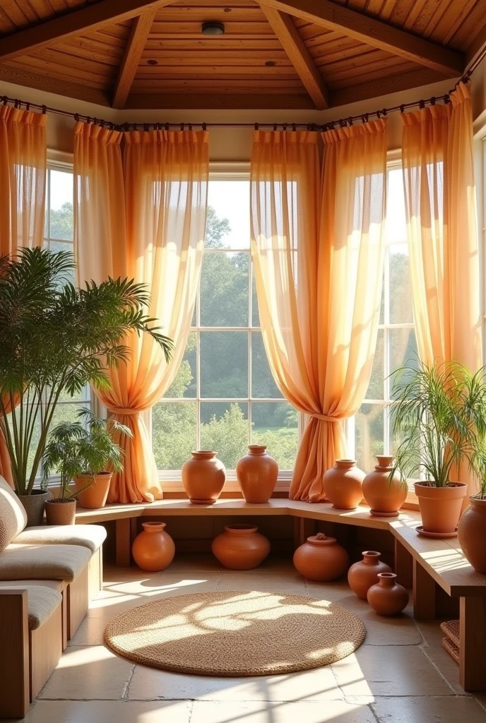 Sunroom filled with natural light, large windows adorned with cantaloupe-colored sheer drapes gently flowing in the breeze, terracotta clay pottery in various shapes and sizes arranged on low wooden benches and windowsills, woven rug on light stone flooring, neutral-toned seating with linen cushions, and potted greenery creating a warm, organic, and tranquil atmosphere.