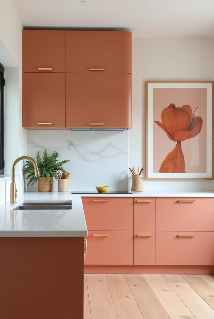 Gallery-style kitchen with sleek matte clay-colored lower and upper cabinets, minimalist brass hardware, white stone countertops, cantaloupe-toned beautiful artwork framed above the backsplash, light wood flooring, creating a functional, design-forward space blending art and practicality.