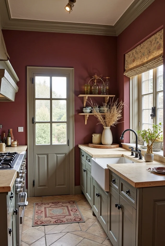 Cozy rustic French country kitchen with deep Bordeaux walls, taupe wooden cabinets, cream countertops, warm earthy tones, soft natural light, inviting atmosphere, textured materials, vintage charm, balanced warm and neutral colors