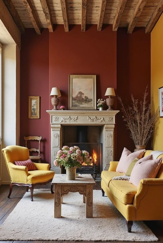 Rustic French farmhouse interior featuring rich Bordeaux walls, vibrant mustard accents in textiles and decor, cream-colored wooden beams and furniture, warm vintage atmosphere, natural textures, soft warm lighting, cozy inviting space with earthy tones