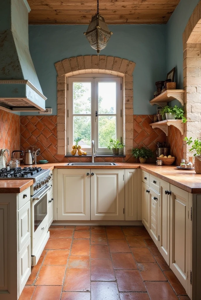 Cozy kitchen with dusty blue walls, warm terracotta accents in tiles, cream cabinetry and countertops, rustic sun-kissed atmosphere, natural warm light, textured materials, inviting and earthy ambiance, balanced cool and warm tones