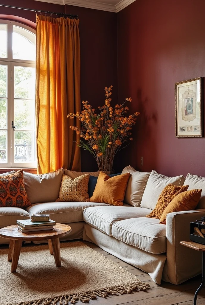Cozy bohemian interior with bold Bordeaux walls, warm ochre textiles and accents, natural linen furniture and curtains, layered textures, soft warm lighting, eclectic vintage decor, inviting earthy atmosphere, balanced rich and neutral tones