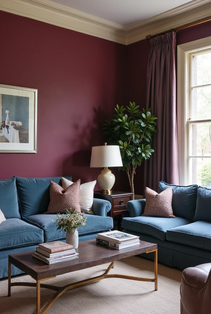 Sophisticated living room with rich Bordeaux walls, slate blue furniture and drapery, bone-colored trim and accents, refined classic decor, soft ambient lighting, balanced deep and light tones, elegant and serene atmosphere