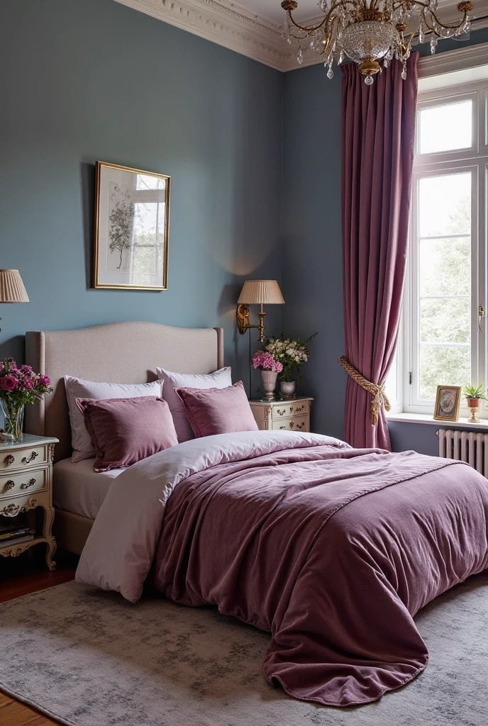 Sophisticated bedroom with dusty blue walls, rich plum velvet bedding and drapery, pearl-toned accents and furnishings, soft ambient lighting, luxurious vintage decor, elegant textures, refined color harmony, serene and opulent atmosphere