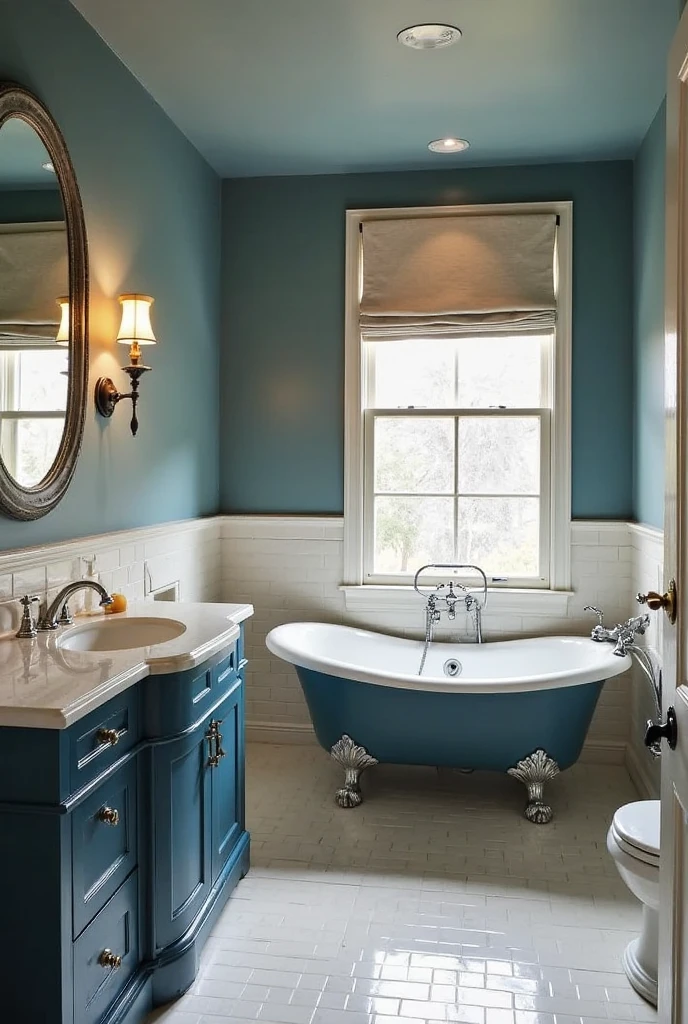Elegant vintage bathroom with dusty blue walls, deep ink blue cabinetry and fixtures, ivory tile and trim, soft ambient lighting, classic clawfoot tub, antique mirrors, refined textures, balanced dark and light tones, serene and sophisticated atmosphere
