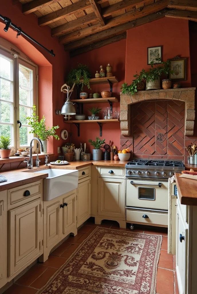 Inviting French kitchen with deep Bordeaux walls, rustic rust-colored tiles and accents, vanilla-toned cabinetry and textiles, warm autumnal lighting, natural textures, vintage details, cozy and earthy atmosphere, rich and balanced color palette