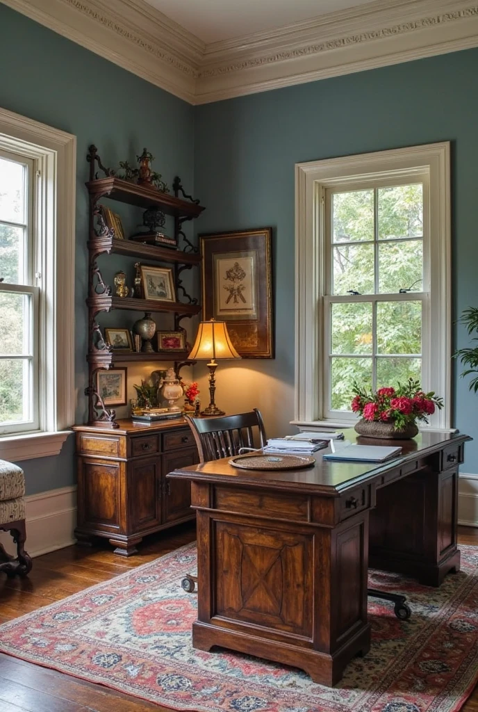 Vintage-inspired office with dusty blue walls, espresso wood furniture and shelving, cream trim and textiles, warm ambient lighting, classic antique decor, rich and balanced tones, refined and grounded atmosphere, elegant and timeless design
