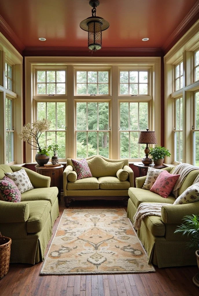 Vintage sunroom with bordeaux walls, cream-colored textiles and decorative accents, moss green furniture, natural light filtering through tall windows, rustic textures, serene and earthy atmosphere, harmonious blend of warm and organic tones