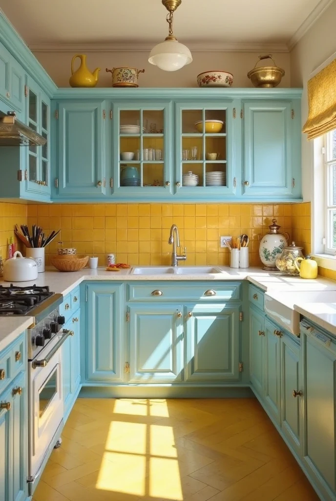 Cheerful kitchen with dusty blue cabinetry, goldenrod yellow accents in tiles and decor, cream walls and countertops, bright natural lighting, vintage-inspired furnishings, warm inviting atmosphere, balanced soft and vibrant tones, fresh and airy design
