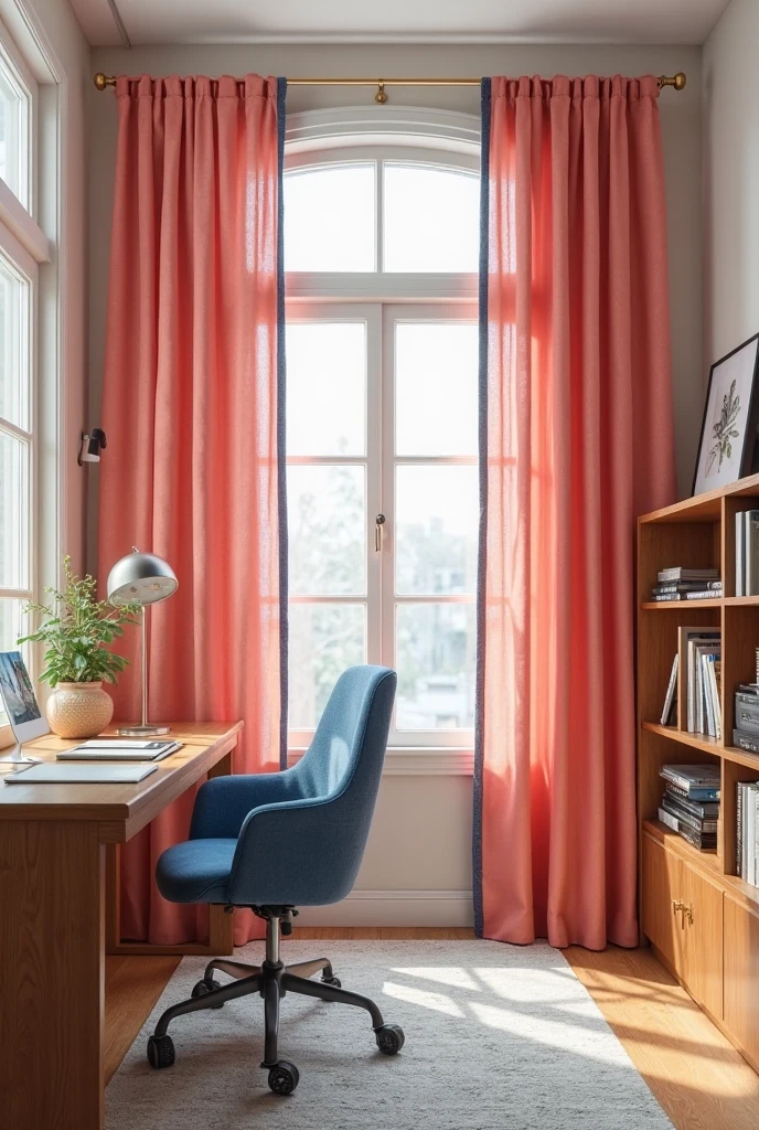 bright, modern home office featuring floor-to-ceiling coral curtains with sharp denim blue trim framing large windows; the curtains are made of lightweight, textured fabric that softly diffuses natural light; the room includes a mid-century modern wooden desk with clean lines, a comfortable ergonomic chair upholstered in denim blue fabric, and a minimalist bookshelf neatly organized with books and small plant; walls are painted in a soft neutral tone to highlight the coral and blue accents; subtle decorative elements like a sleek desk lamp and framed art complete the polished, inviting workspace.