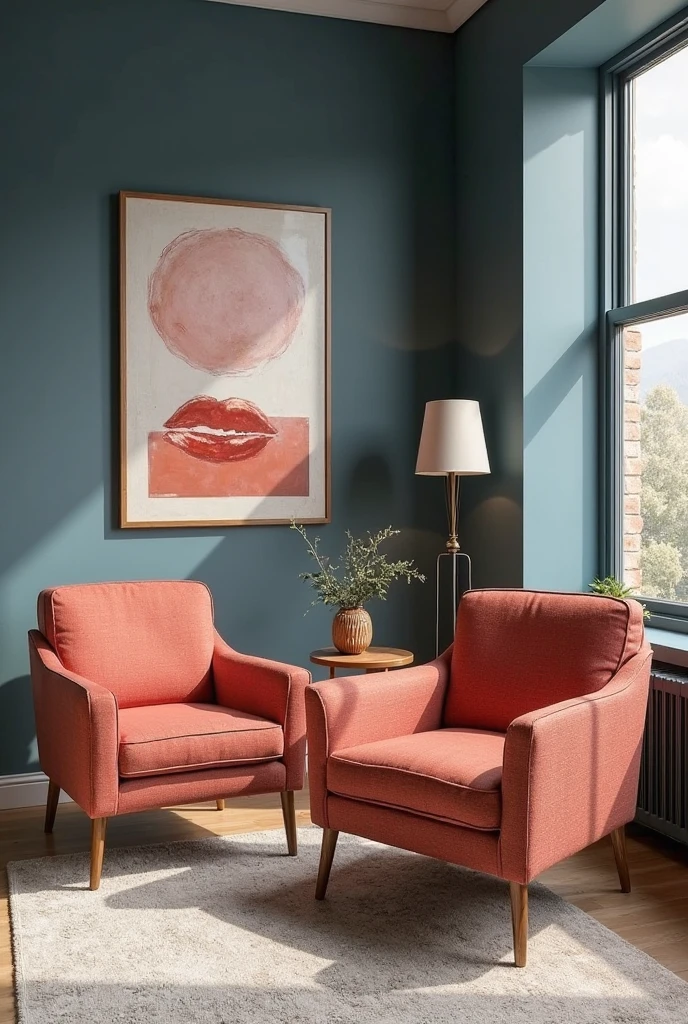 mid-century modern living room featuring two coral tweed upholstered armchairs with wooden legs and clean lines; the armchairs sit against denim-toned walls with matte finish; beautiful art in complementary colors hangs above the chairs; soft natural light filters through large windows, highlighting the textured fabric and rich wall color; the space is styled with a wooden side table and subtle decorative elements, creating a warm, elegant contrast.