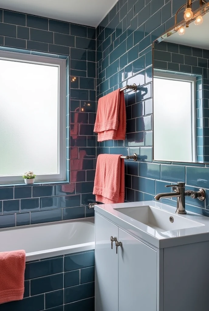 modern bathroom featuring walls covered in classic denim blue subway tiles with glossy finish and clean grout lines; neatly folded coral towels hang on polished chrome racks adding a vibrant, sunny contrast; the bathroom includes a white porcelain sink with sleek fixtures, a large frameless mirror, and soft natural light filtering through a frosted window; the overall atmosphere is fresh, stylish, and balanced with contrasting colors and textures.